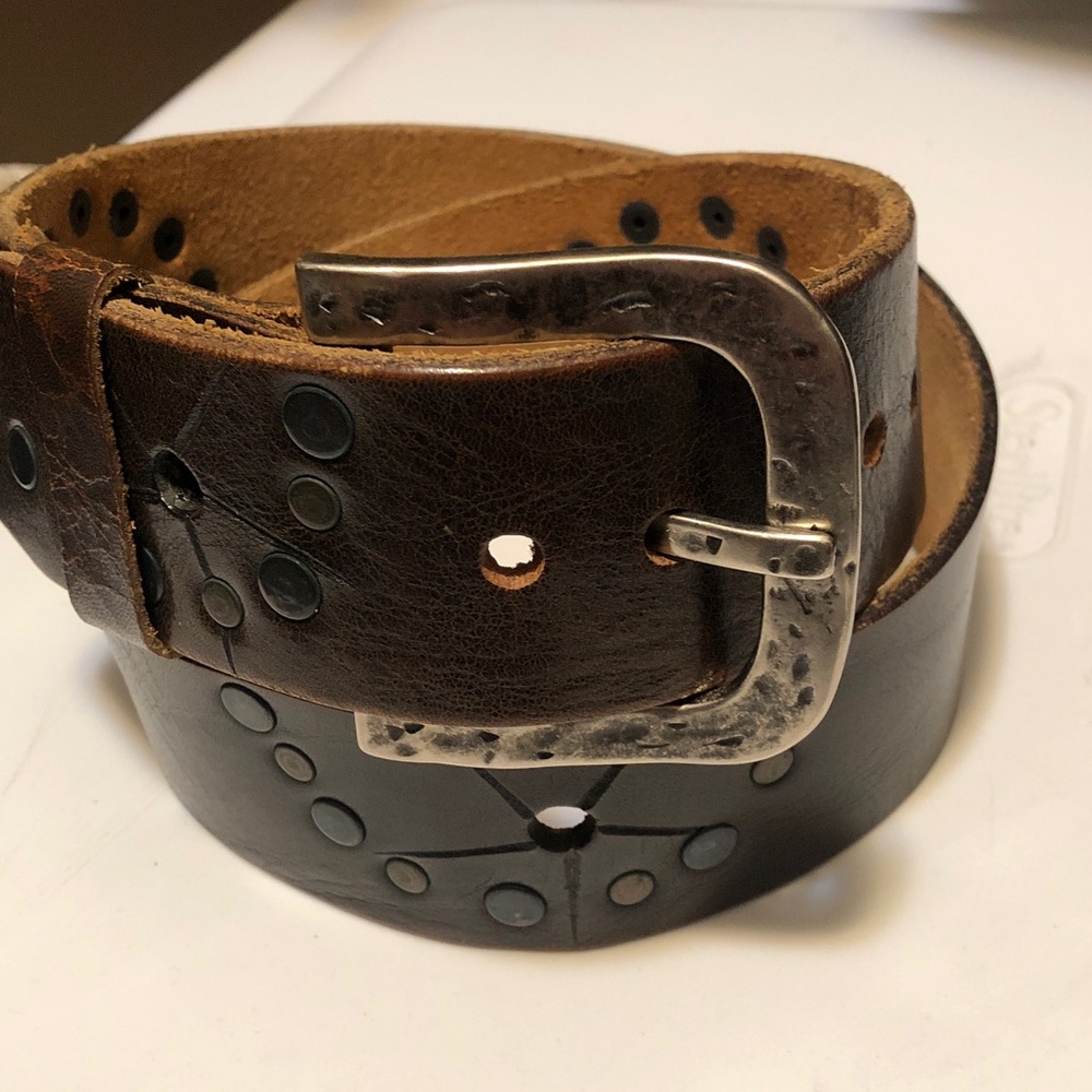 Brave Brown Studded Leather Belt with Hammered Chrome Buckle (33” fit)